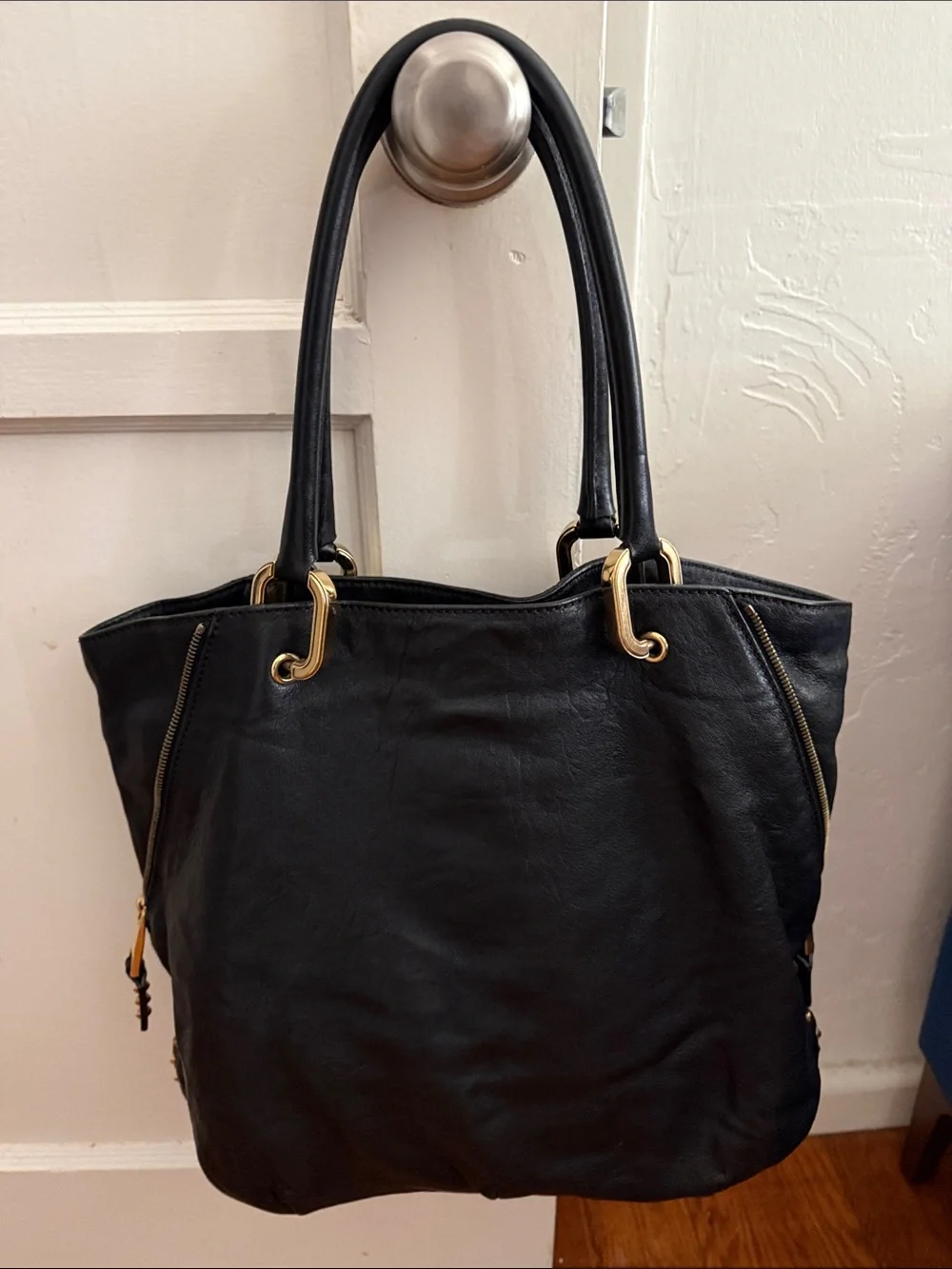 Black Leather Tote Bag with Gold Hardware